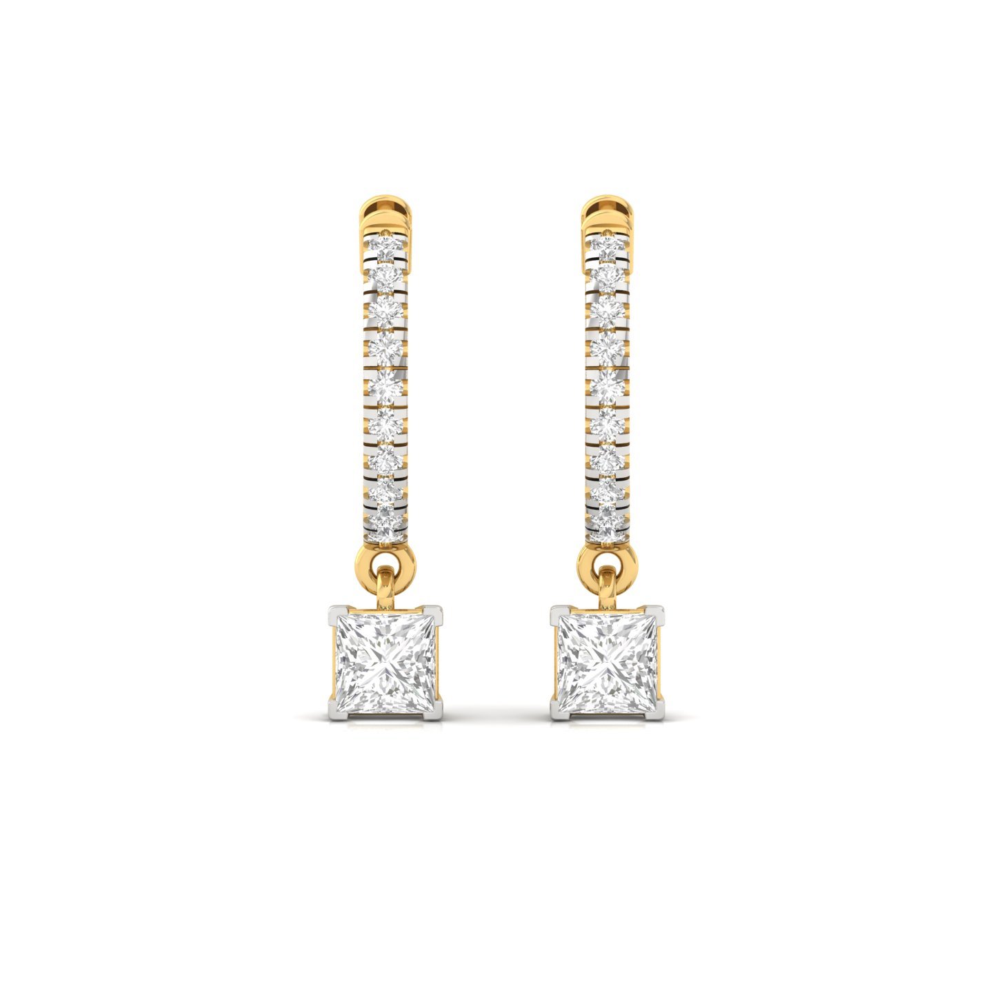 Princess Cut Diamond Drop Hoop Earrings | Lab Grown Diamond Hoops | Silver & Gold - View 2
