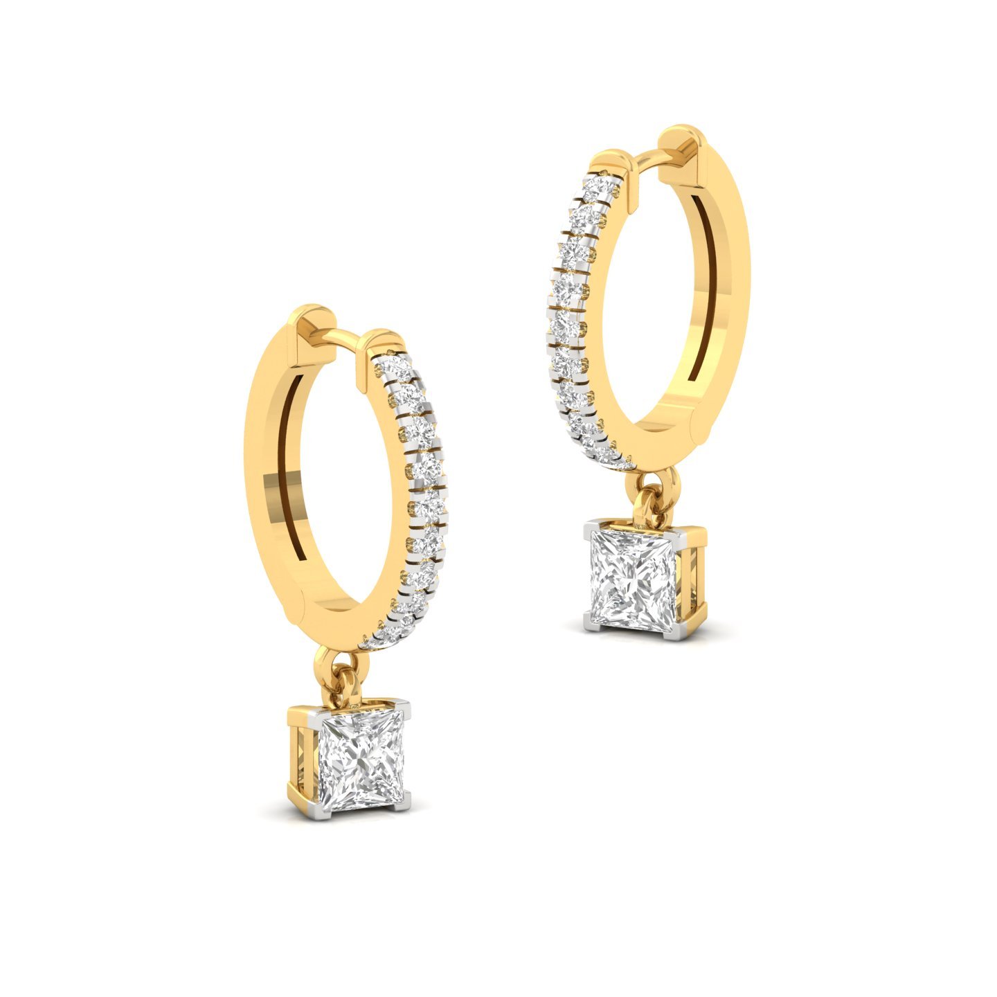 Princess Cut Diamond Drop Hoop Earrings | Lab Grown Diamond Hoops | Silver & Gold - View 3