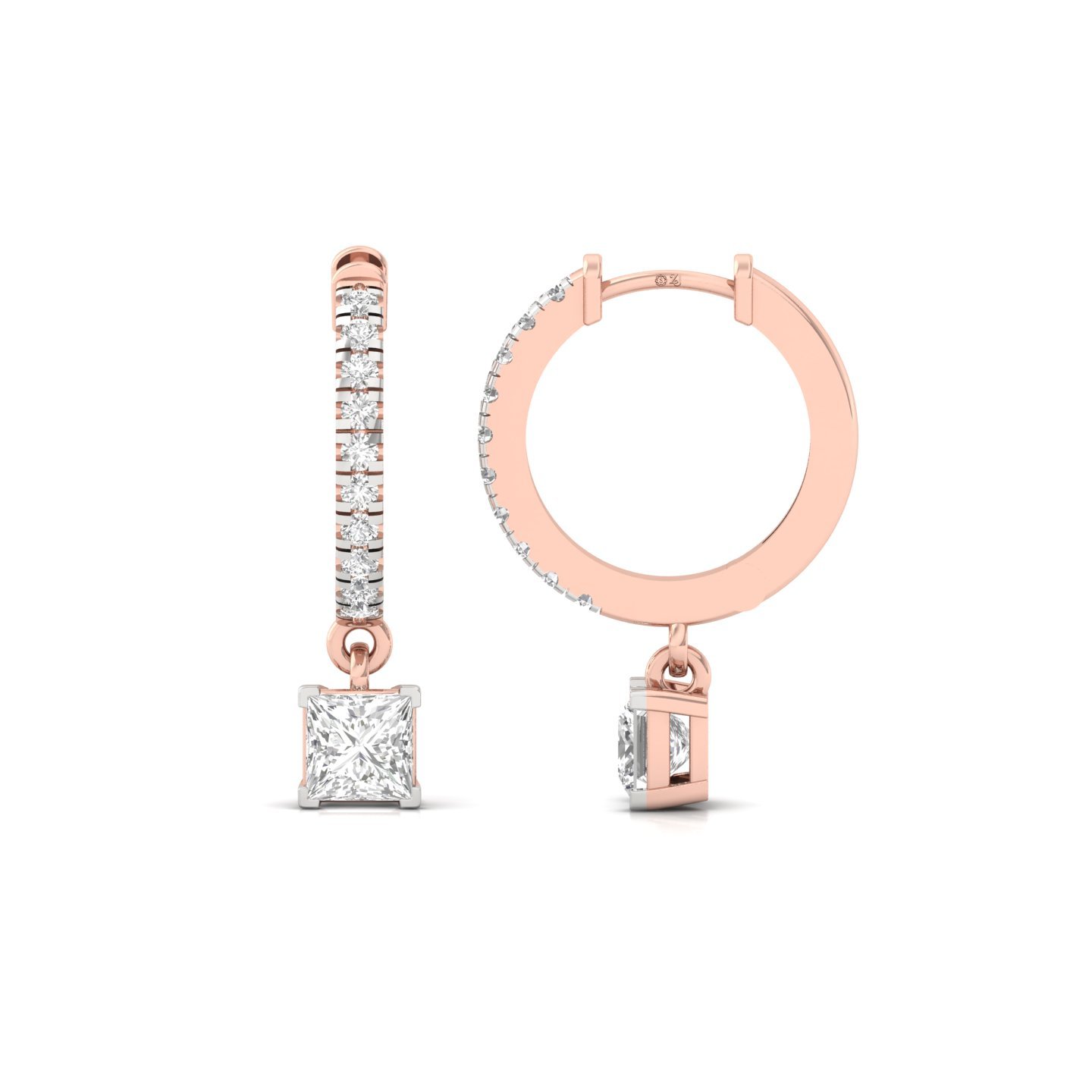 Princess Cut Diamond Drop Hoop Earrings | Lab Grown Diamond Hoops | Silver & Gold - Rose Gold Main View