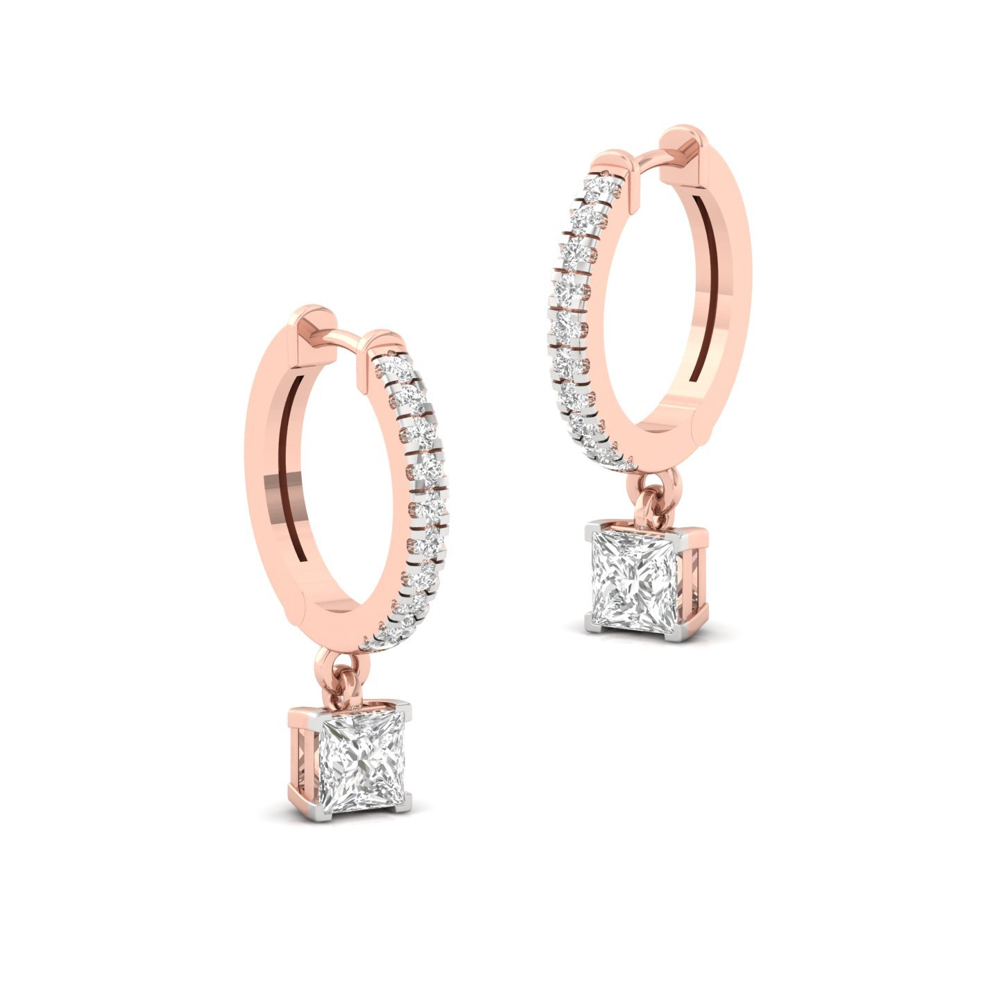 Princess Cut Diamond Drop Hoop Earrings | Lab Grown Diamond Hoops | Silver & Gold - View 3