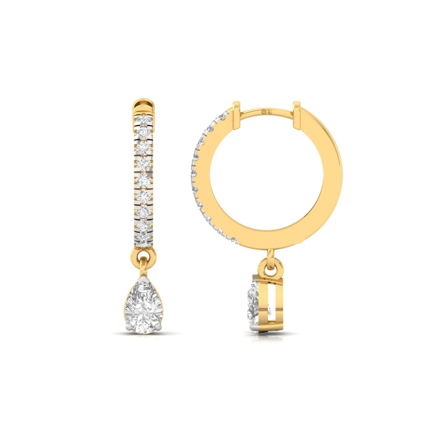 Pear Cut Diamond Drop Hoop Earrings | Lab Grown Diamond Hoops | Silver & Gold - Gold Main View