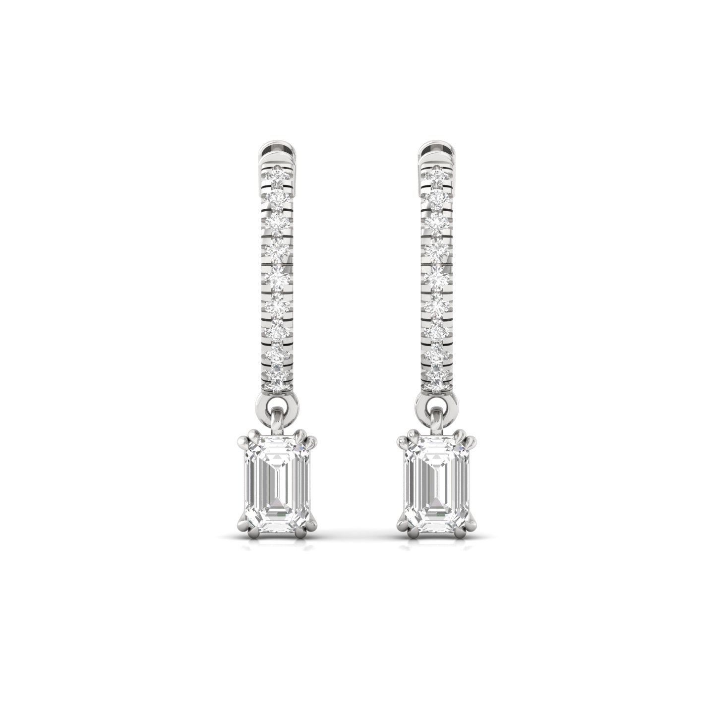 Emerald Cut Diamond Drop Hoop Earrings | Lab Grown Diamond Hoops | Silver & Gold - View 2