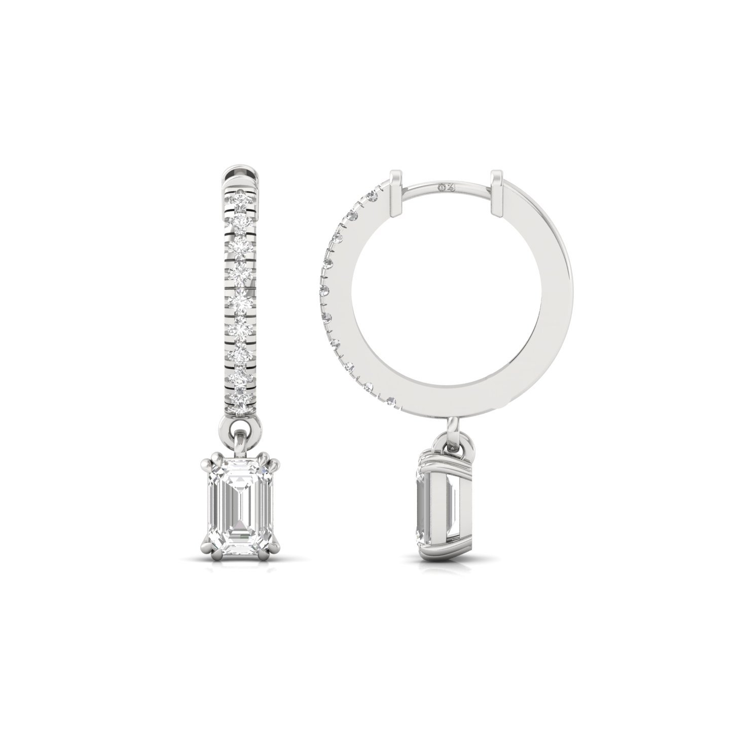 Emerald Cut Diamond Drop Hoop Earrings | Lab Grown Diamond Hoops | Silver & Gold - Main View