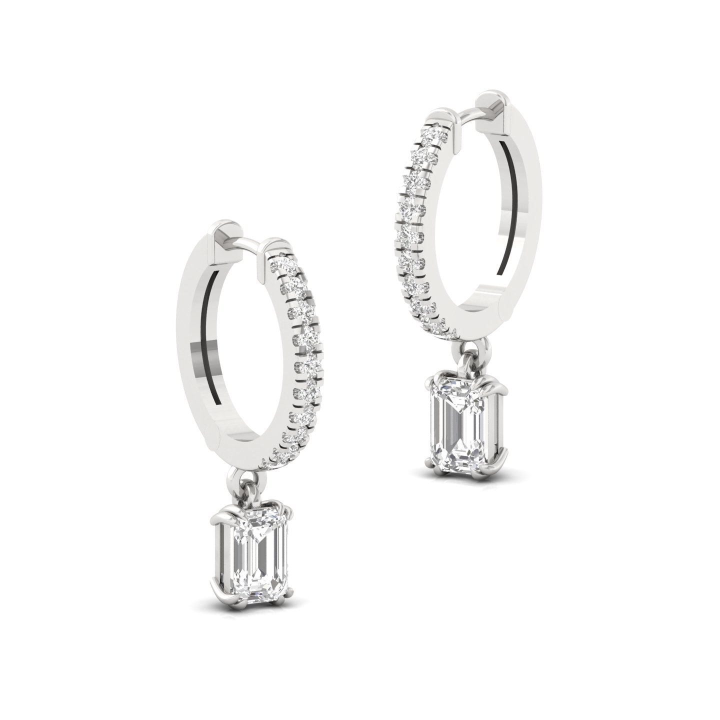Emerald Cut Diamond Drop Hoop Earrings | Lab Grown Diamond Hoops | Silver & Gold - View 3