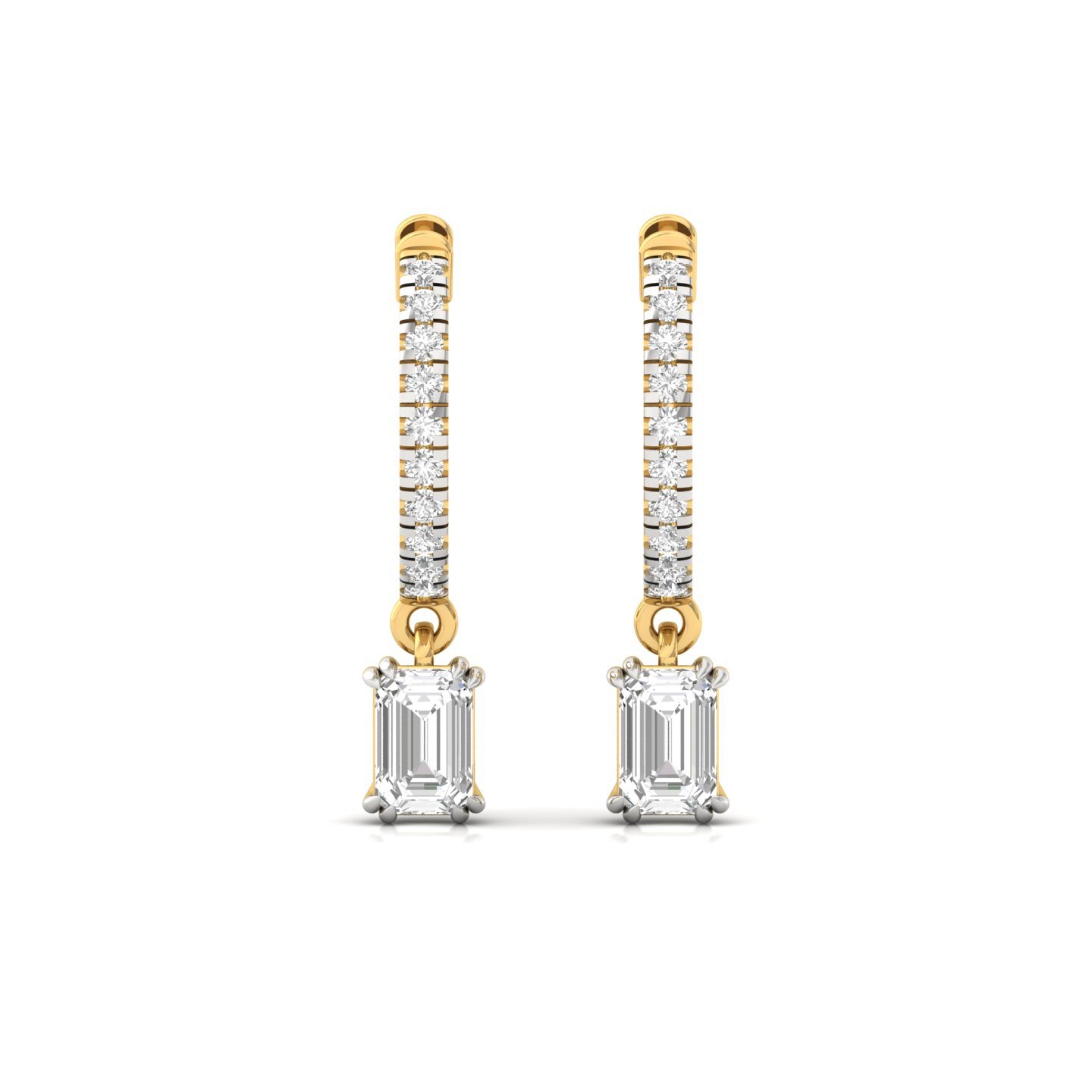 Emerald Cut Diamond Drop Hoop Earrings | Lab Grown Diamond Hoops | Silver & Gold - View 2