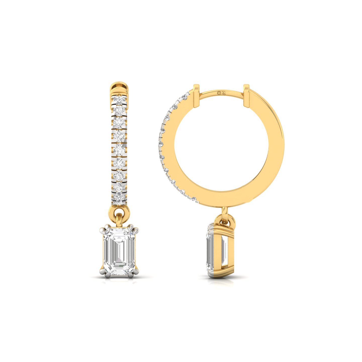 Emerald Cut Diamond Drop Hoop Earrings | Lab Grown Diamond Hoops | Silver & Gold - Gold Main View