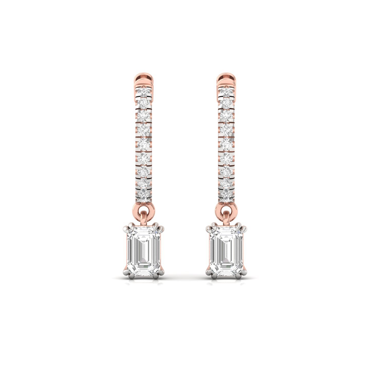 Emerald Cut Diamond Drop Hoop Earrings | Lab Grown Diamond Hoops | Silver & Gold - View 2