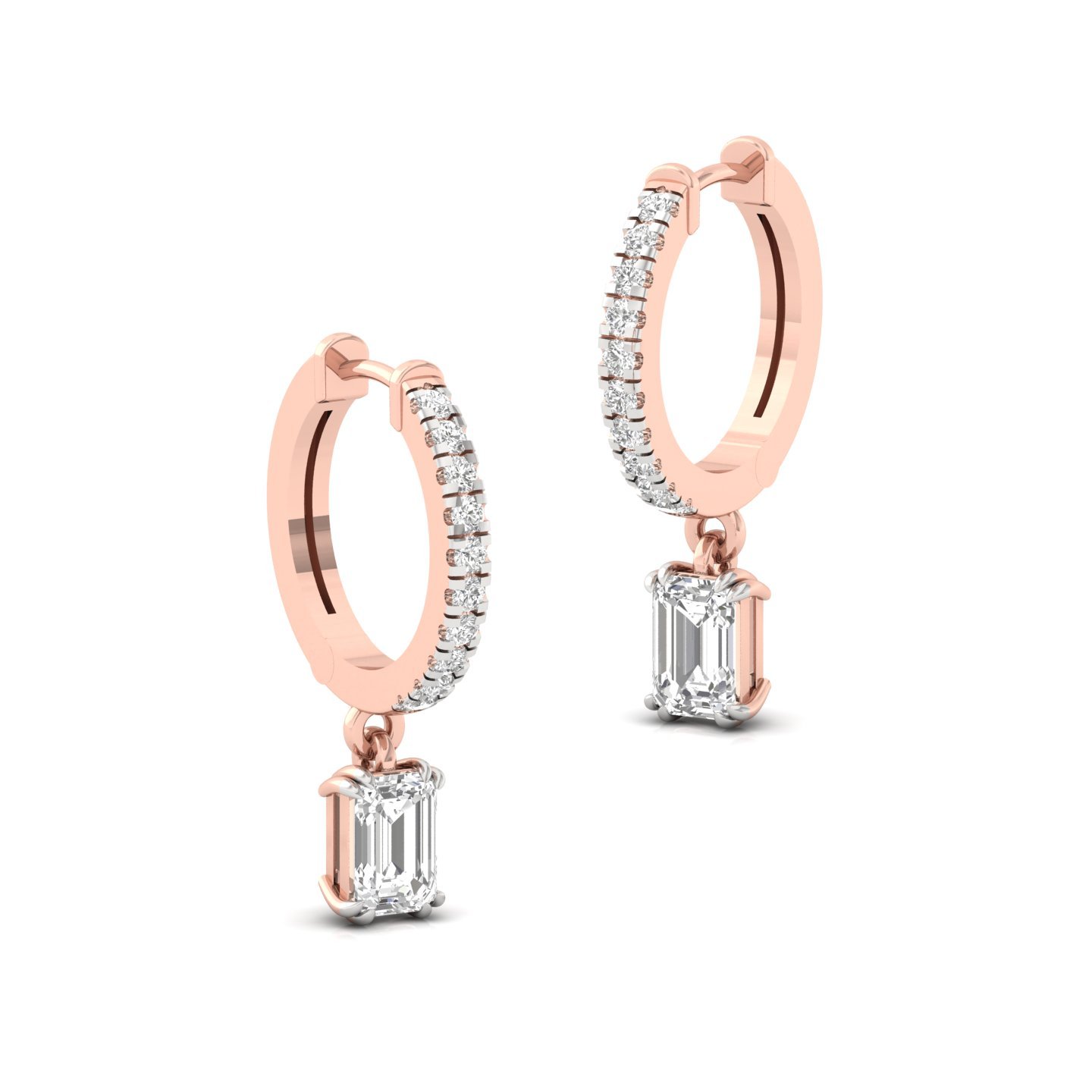 Emerald Cut Diamond Drop Hoop Earrings | Lab Grown Diamond Hoops | Silver & Gold - View 3