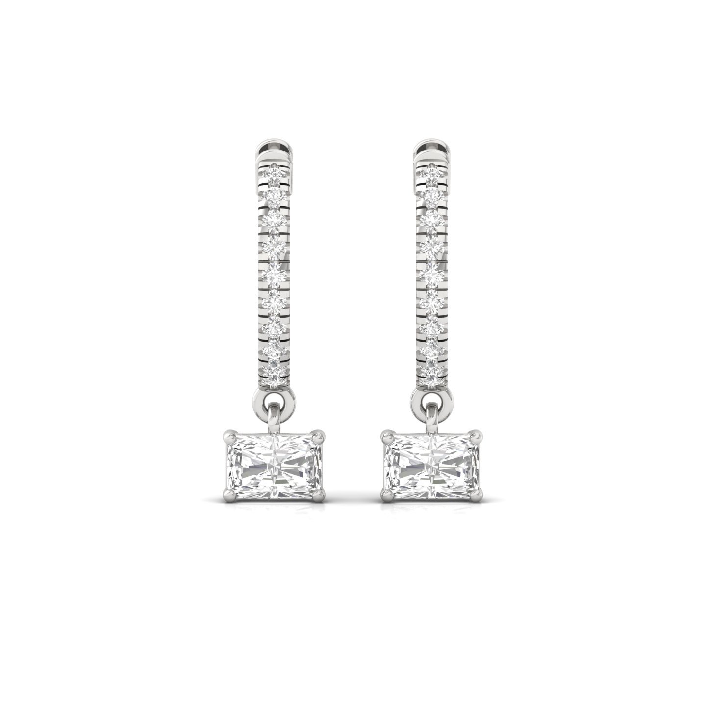 Radiant Cut Diamond Drop Hoop Earrings | Lab Grown Diamond Earrings | Silver & Gold - View 2