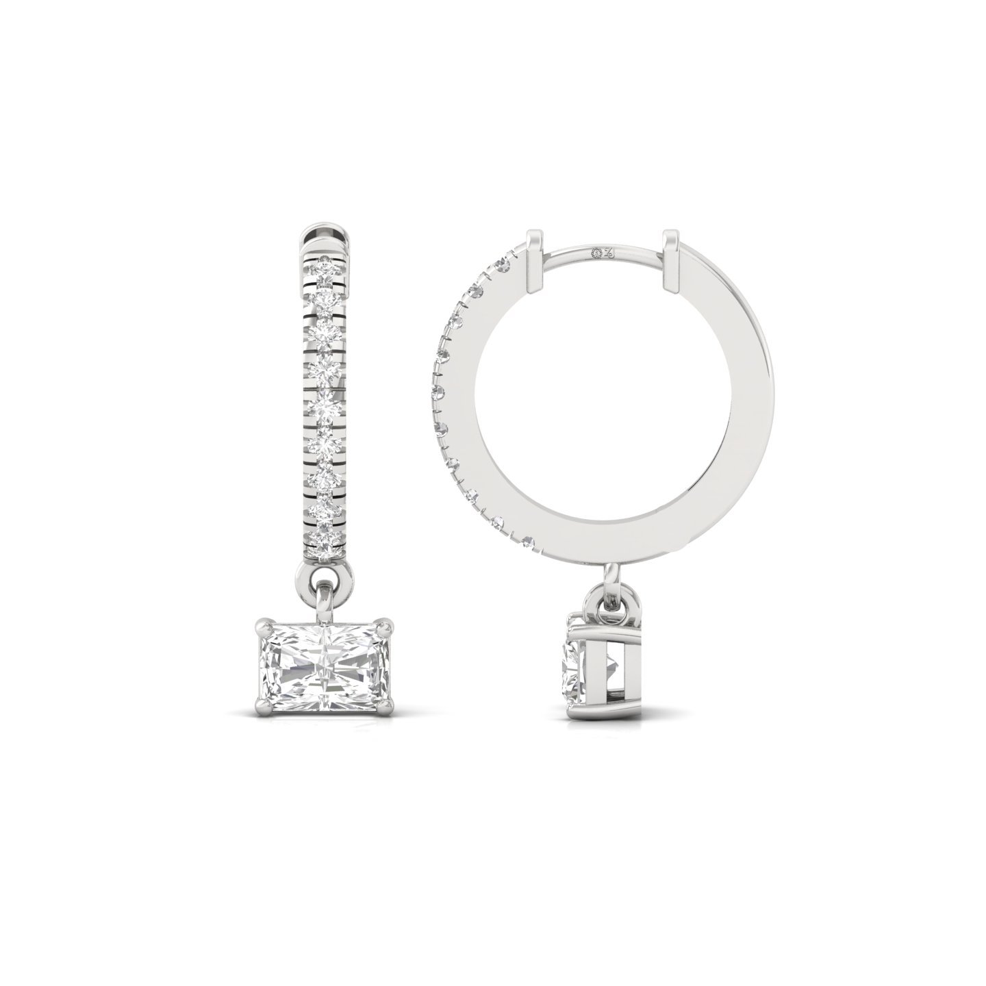 Radiant Cut Diamond Drop Hoop Earrings | Lab Grown Diamond Earrings | Silver & Gold - Main View