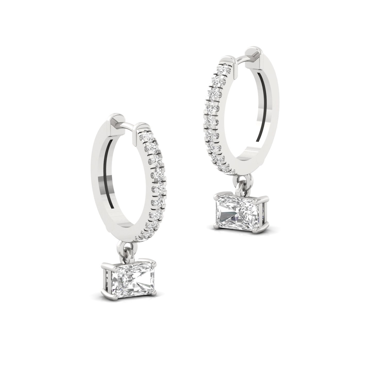 Radiant Cut Diamond Drop Hoop Earrings | Lab Grown Diamond Earrings | Silver & Gold - View 3