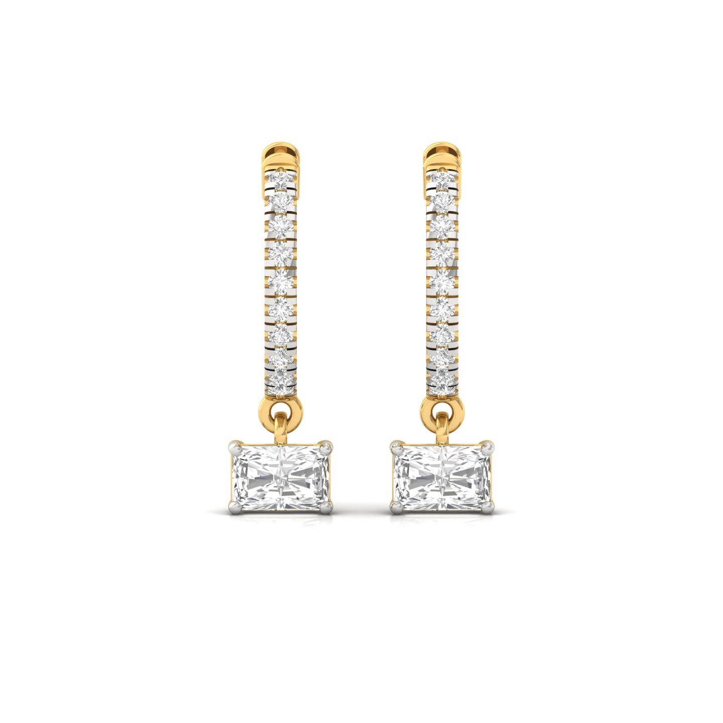 Radiant Cut Diamond Drop Hoop Earrings | Lab Grown Diamond Earrings | Silver & Gold - View 2