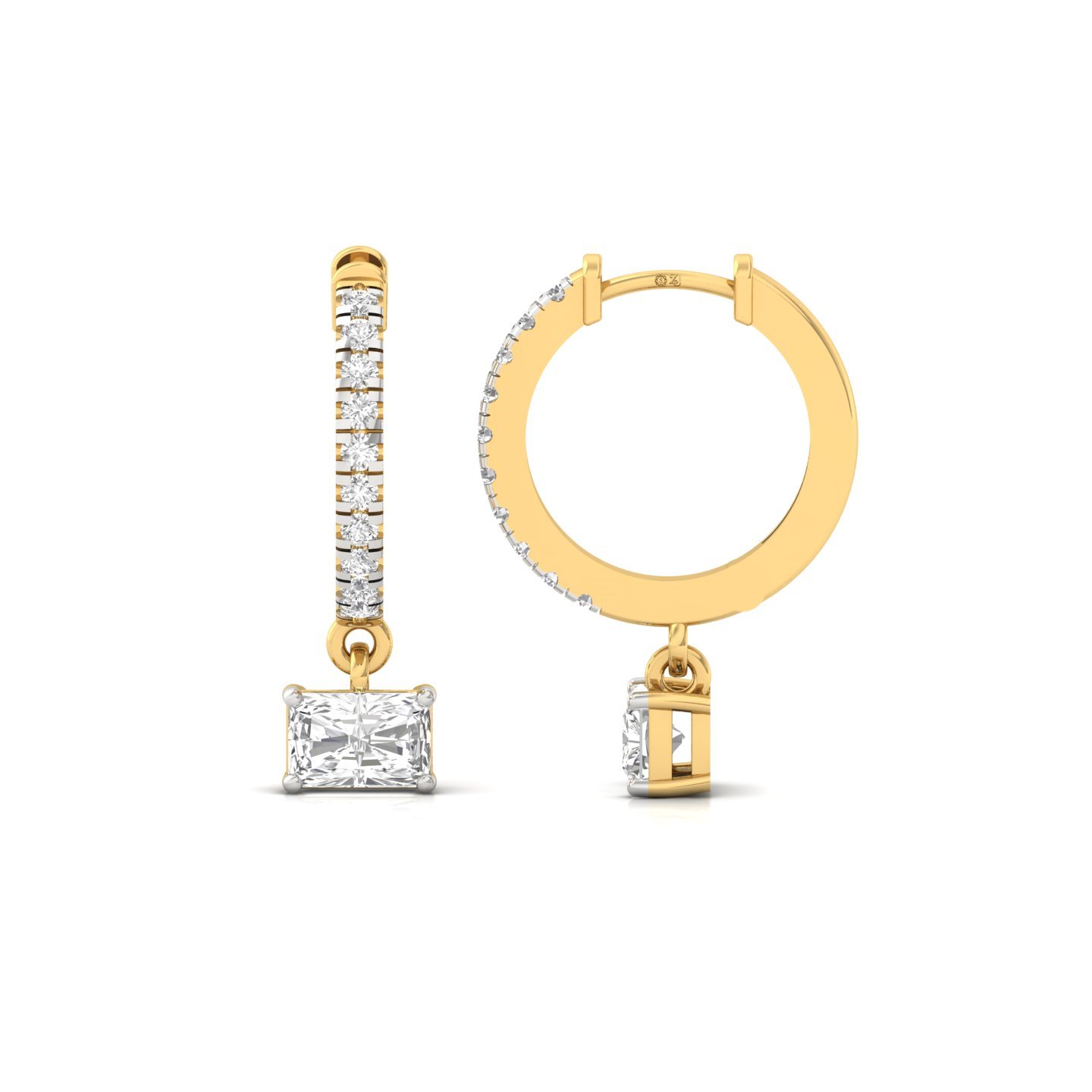 Radiant Cut Diamond Drop Hoop Earrings | Lab Grown Diamond Earrings | Silver & Gold - Gold Main View