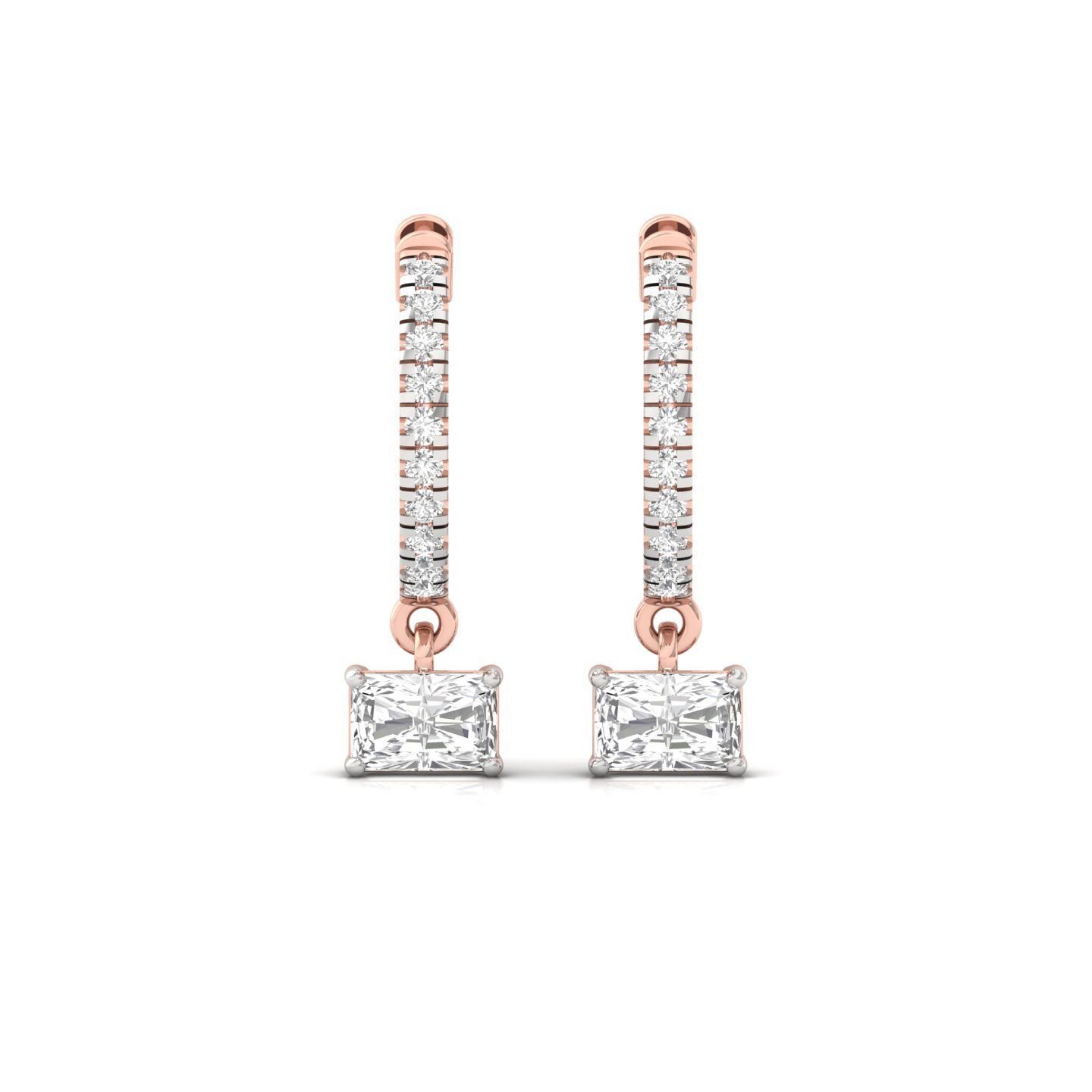 Radiant Cut Diamond Drop Hoop Earrings | Lab Grown Diamond Earrings | Silver & Gold - View 2