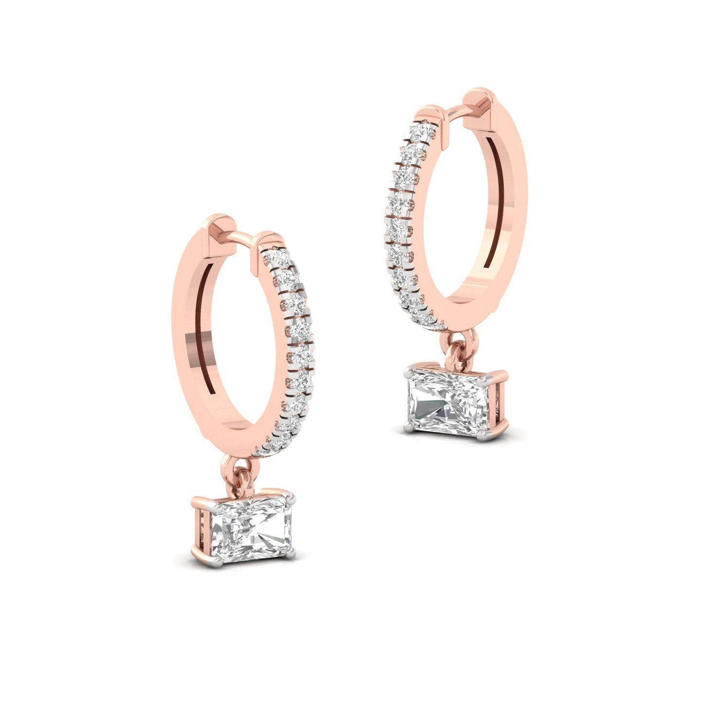 Radiant Cut Diamond Drop Hoop Earrings | Lab Grown Diamond Earrings | Silver & Gold - View 3