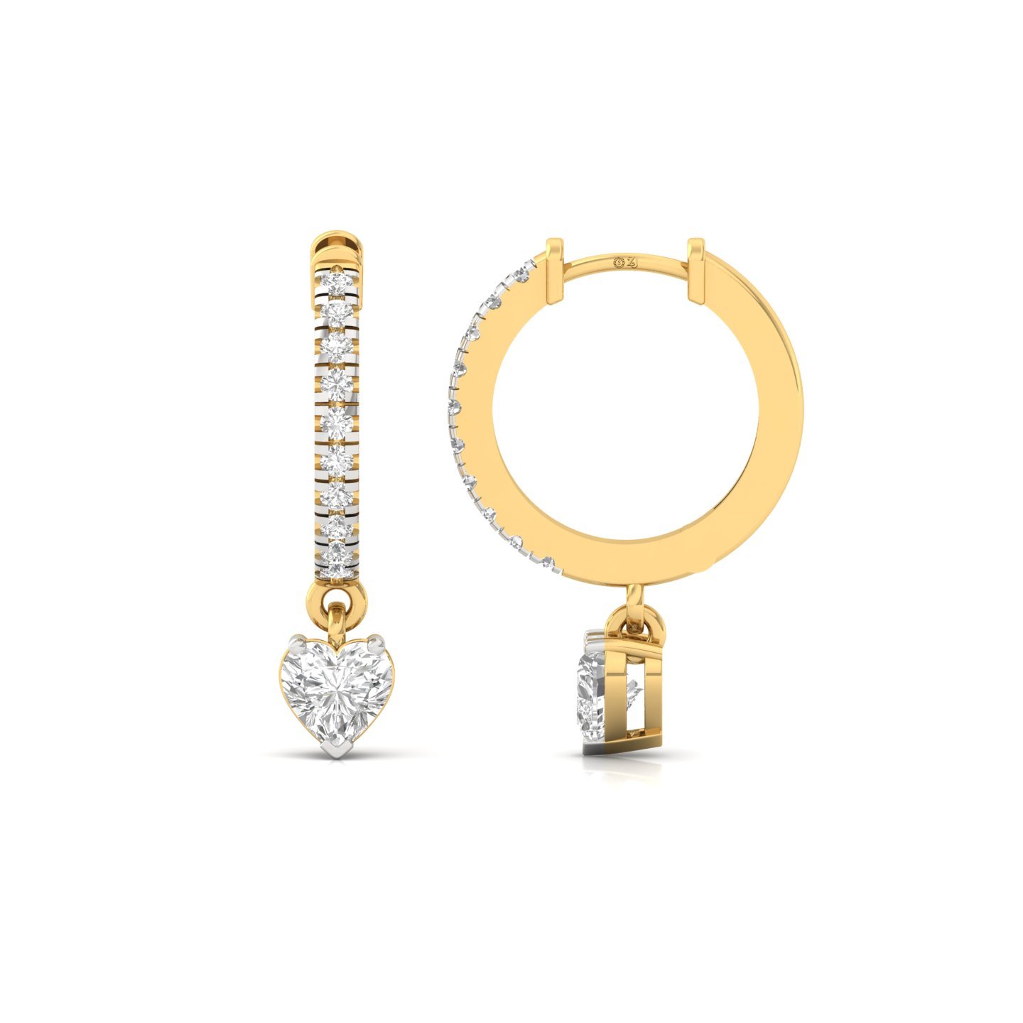 Heart Shape Diamond Drop Hoop Earrings | Lab Grown Diamond Hoops | Silver & Gold - Gold Main View
