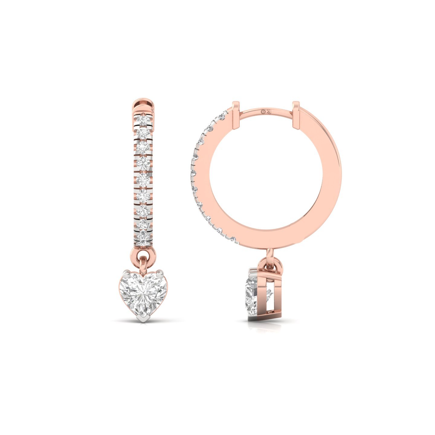 Heart Shape Diamond Drop Hoop Earrings | Lab Grown Diamond Hoops | Silver & Gold - Rose Gold Main View