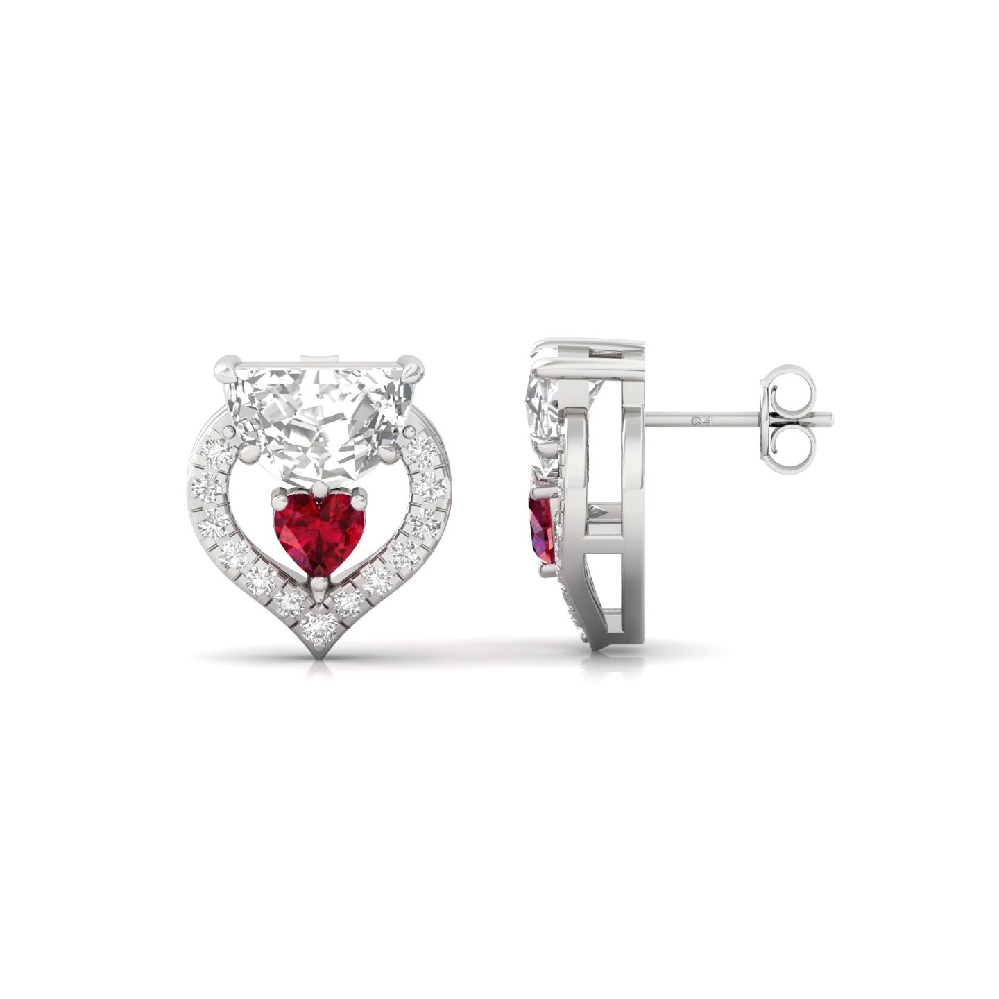 Half Moon & Heart Diamond Earrings with Ruby Accent | Designer Studs | Silver & Gold - Main View