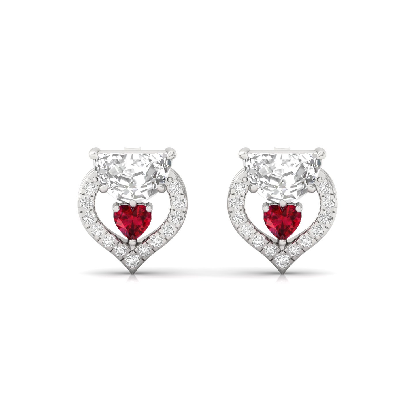 Half Moon & Heart Diamond Earrings with Ruby Accent | Designer Studs | Silver & Gold - View 2