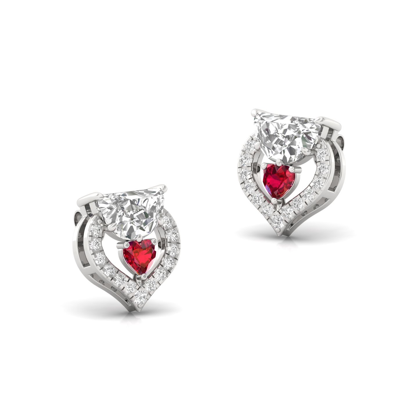 Half Moon & Heart Diamond Earrings with Ruby Accent | Designer Studs | Silver & Gold - View 3