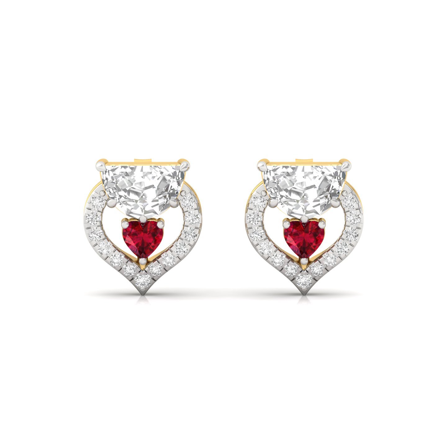Half Moon & Heart Diamond Earrings with Ruby Accent | Designer Studs | Silver & Gold - View 2