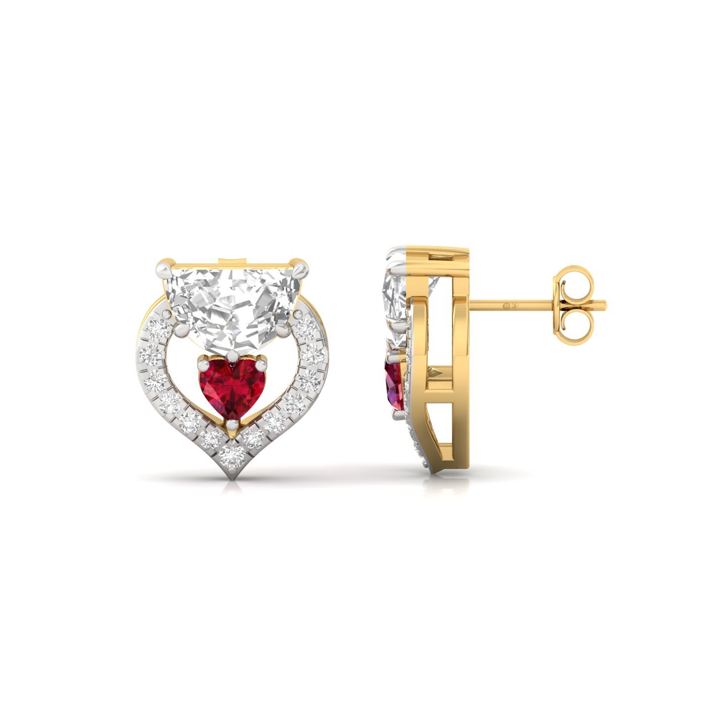 Half Moon & Heart Diamond Earrings with Ruby Accent | Designer Studs | Silver & Gold - Gold Main View