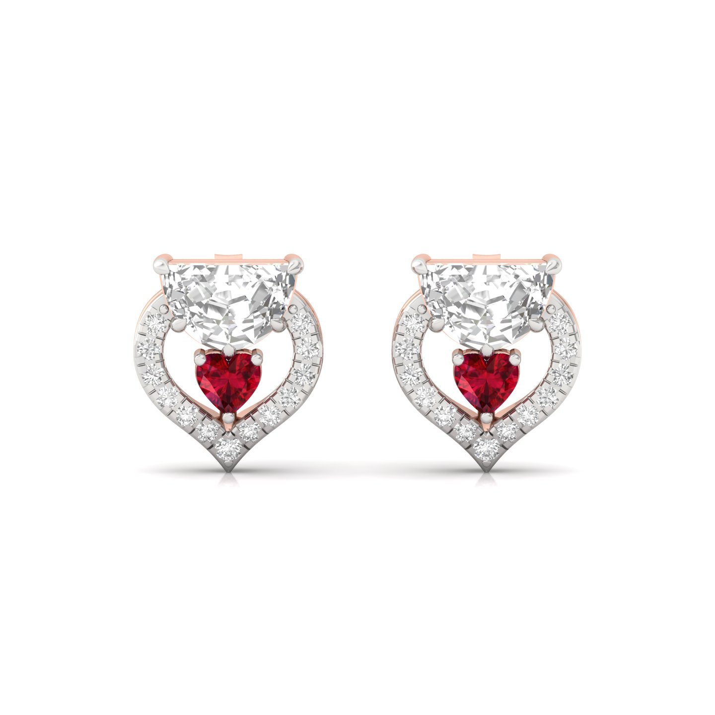 Half Moon & Heart Diamond Earrings with Ruby Accent | Designer Studs | Silver & Gold - View 2