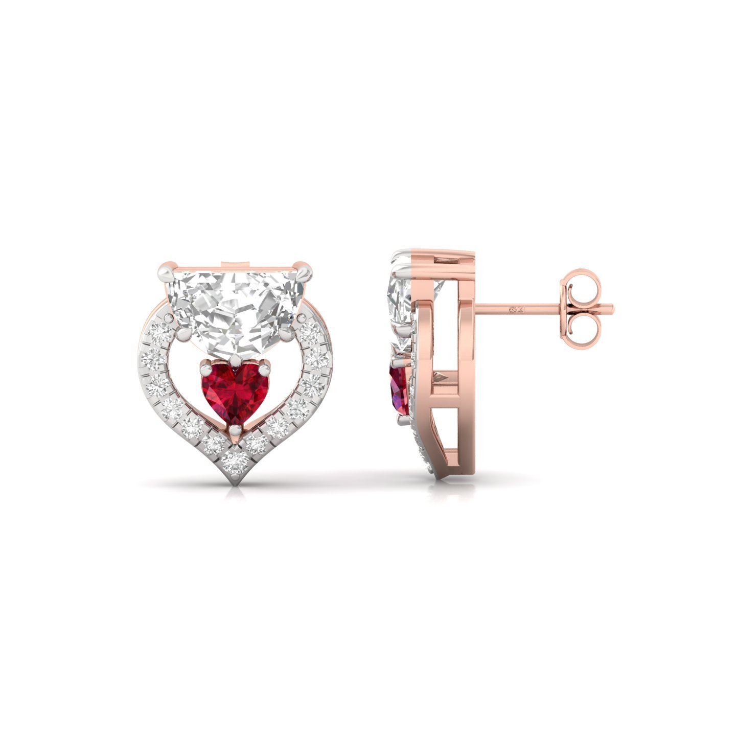 Half Moon & Heart Diamond Earrings with Ruby Accent | Designer Studs | Silver & Gold - Rose Gold Main View
