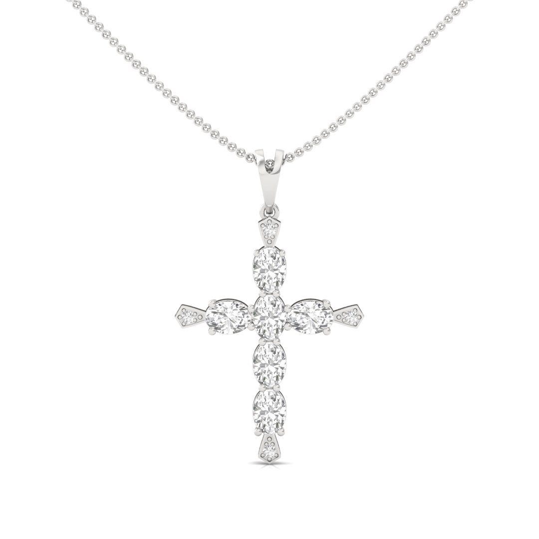 Oval & Round Diamond Cross Pendant | Lab Grown CVD Diamond Religious Jewellery (Without Chain) | 925 Silver | 10K | 14K | 18K - Main View