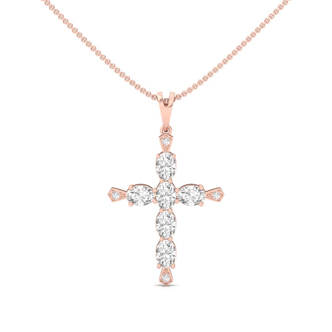 Oval & Round Diamond Cross Pendant | Lab Grown CVD Diamond Religious Jewellery (Without Chain) | 925 Silver | 10K | 14K | 18K - Rose Gold Main View