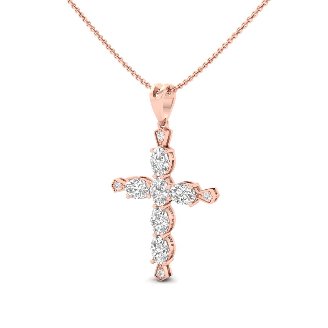 Oval & Round Diamond Cross Pendant | Lab Grown CVD Diamond Religious Jewellery (Without Chain) | 925 Silver | 10K | 14K | 18K - View 2