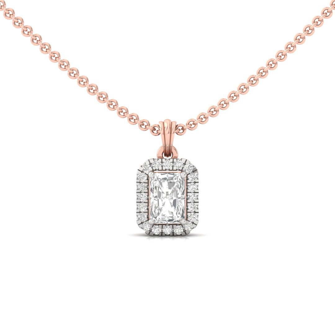 Radiant Cut Diamond Halo Pendant (Without Chain) | Lab Grown CVD Diamond Necklace Pendant with Round Accents | 925 Silver | 10K | 14K | 18K - Rose Gold Main View