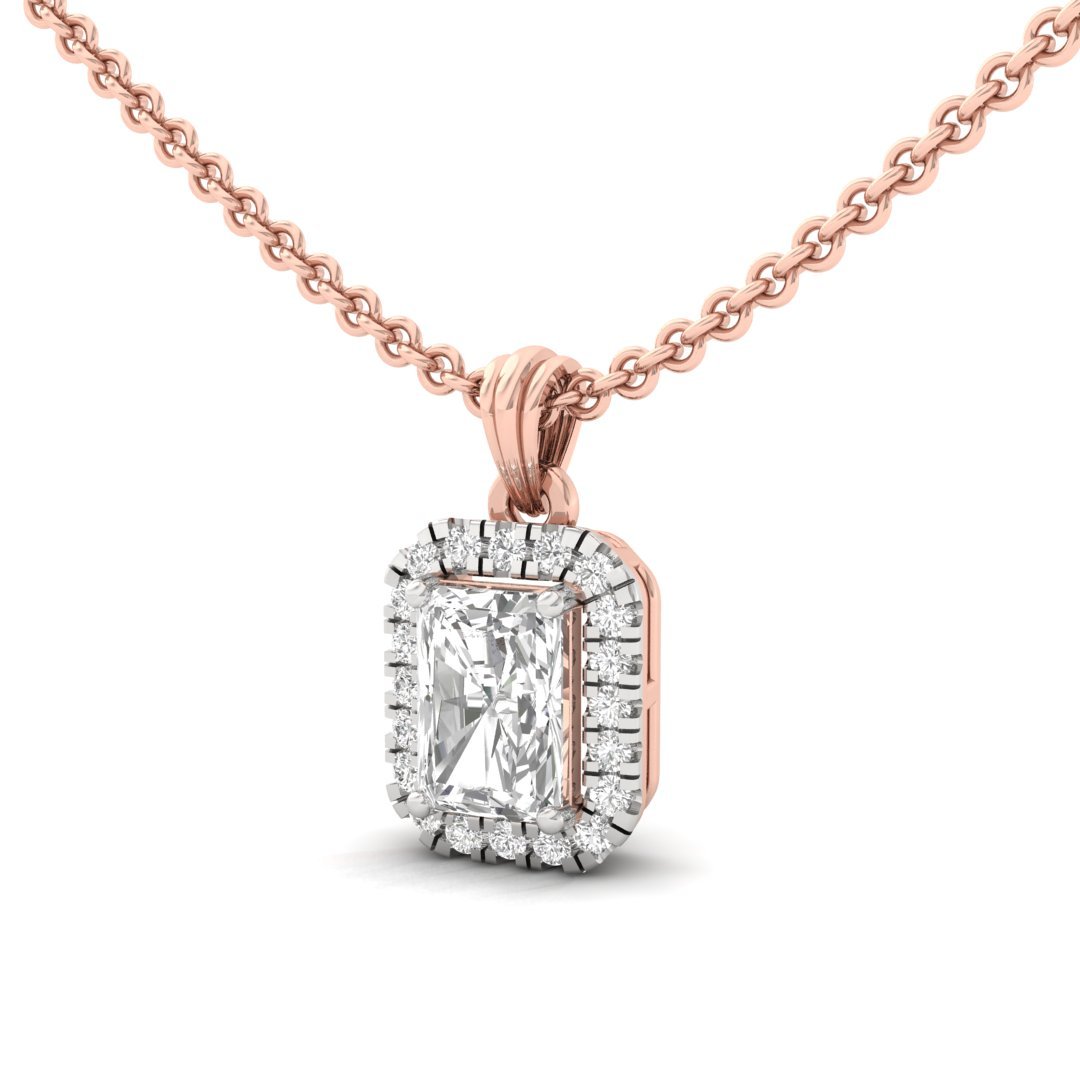 Radiant Cut Diamond Halo Pendant (Without Chain) | Lab Grown CVD Diamond Necklace Pendant with Round Accents | 925 Silver | 10K | 14K | 18K - View 2