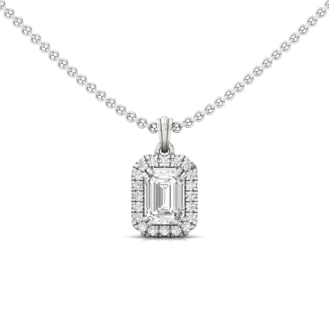 Emerald Cut Diamond Halo Pendant (Without Chain) | Lab Grown CVD Diamond Pendant with Round Accents | 925 Silver | 10K | 14K | 18K - Main View