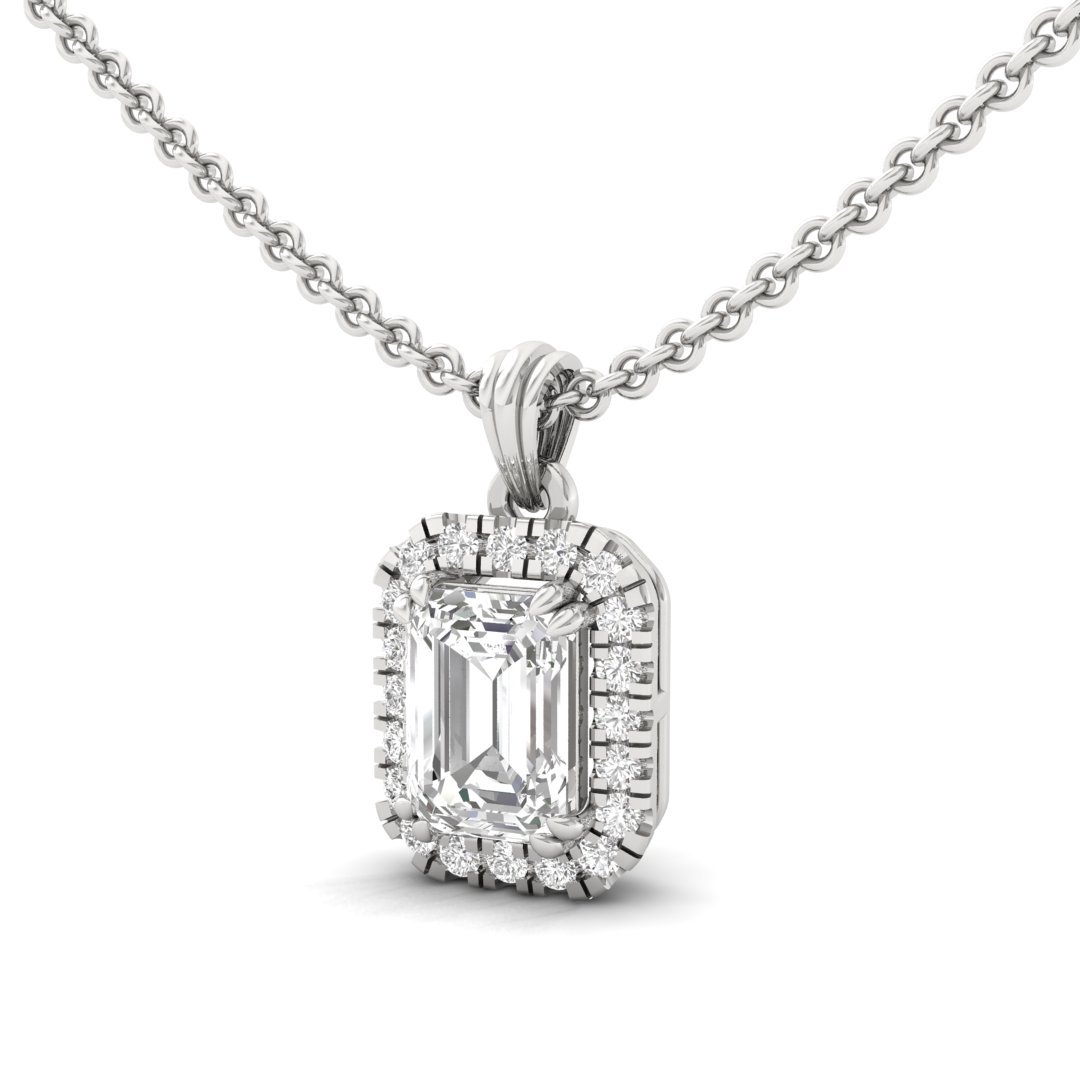 Emerald Cut Diamond Halo Pendant (Without Chain) | Lab Grown CVD Diamond Pendant with Round Accents | 925 Silver | 10K | 14K | 18K - View 2
