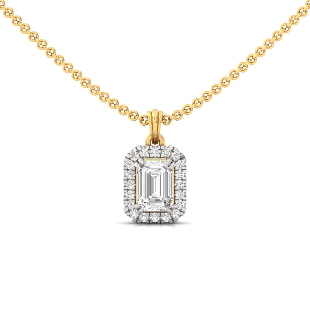 Emerald Cut Diamond Halo Pendant (Without Chain) | Lab Grown CVD Diamond Pendant with Round Accents | 925 Silver | 10K | 14K | 18K - Gold Main View