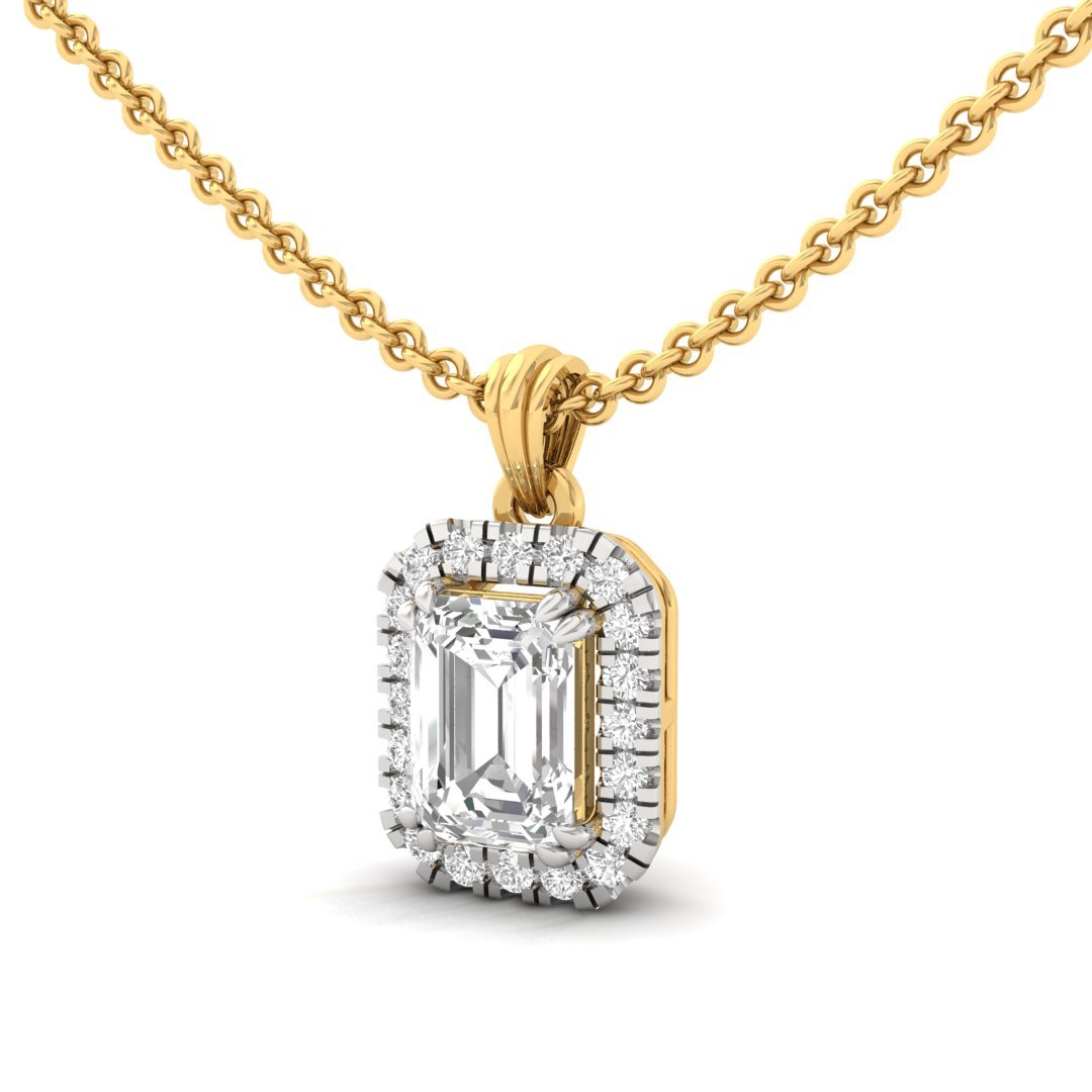 Emerald Cut Diamond Halo Pendant (Without Chain) | Lab Grown CVD Diamond Pendant with Round Accents | 925 Silver | 10K | 14K | 18K - View 2