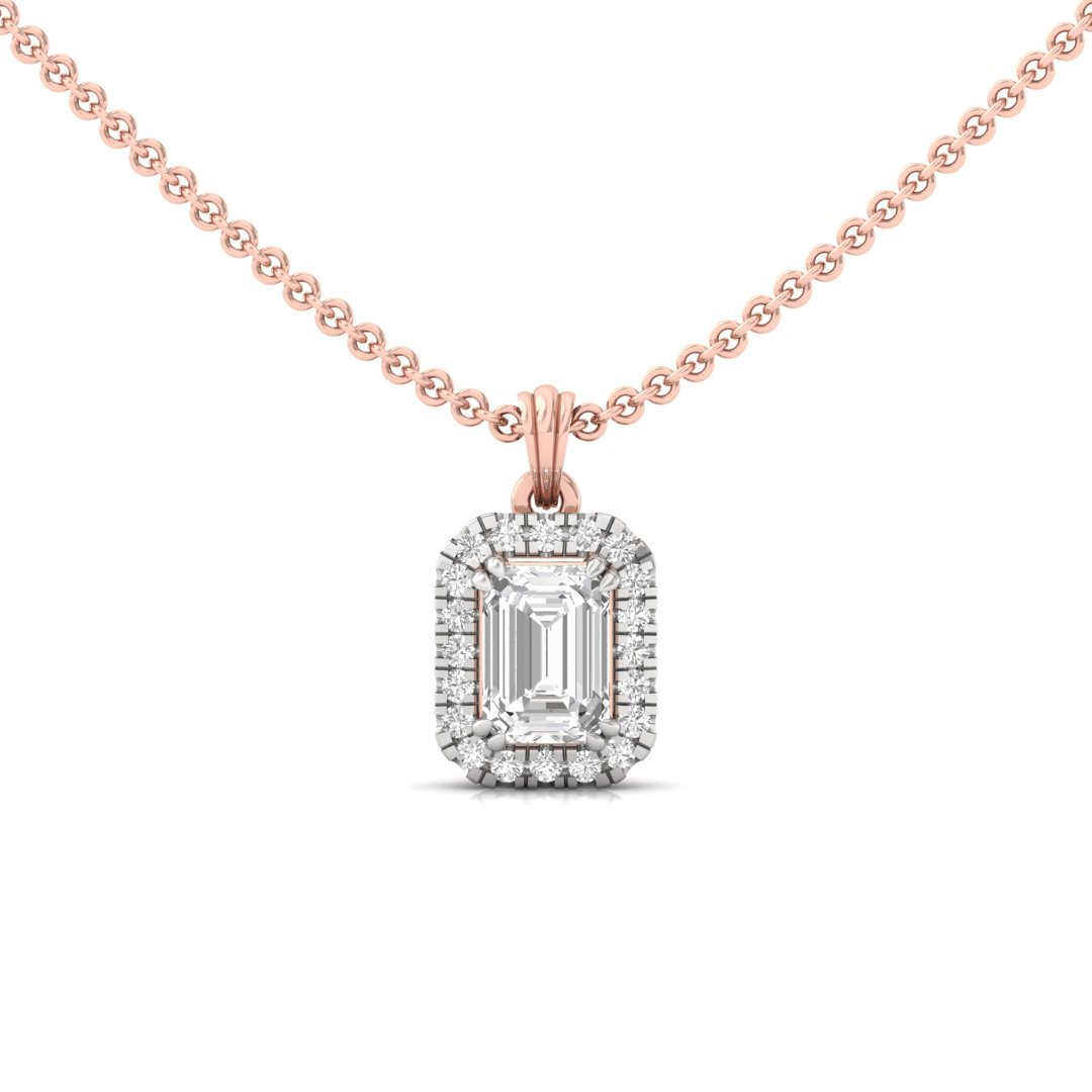 Emerald Cut Diamond Halo Pendant (Without Chain) | Lab Grown CVD Diamond Pendant with Round Accents | 925 Silver | 10K | 14K | 18K - Rose Gold Main View
