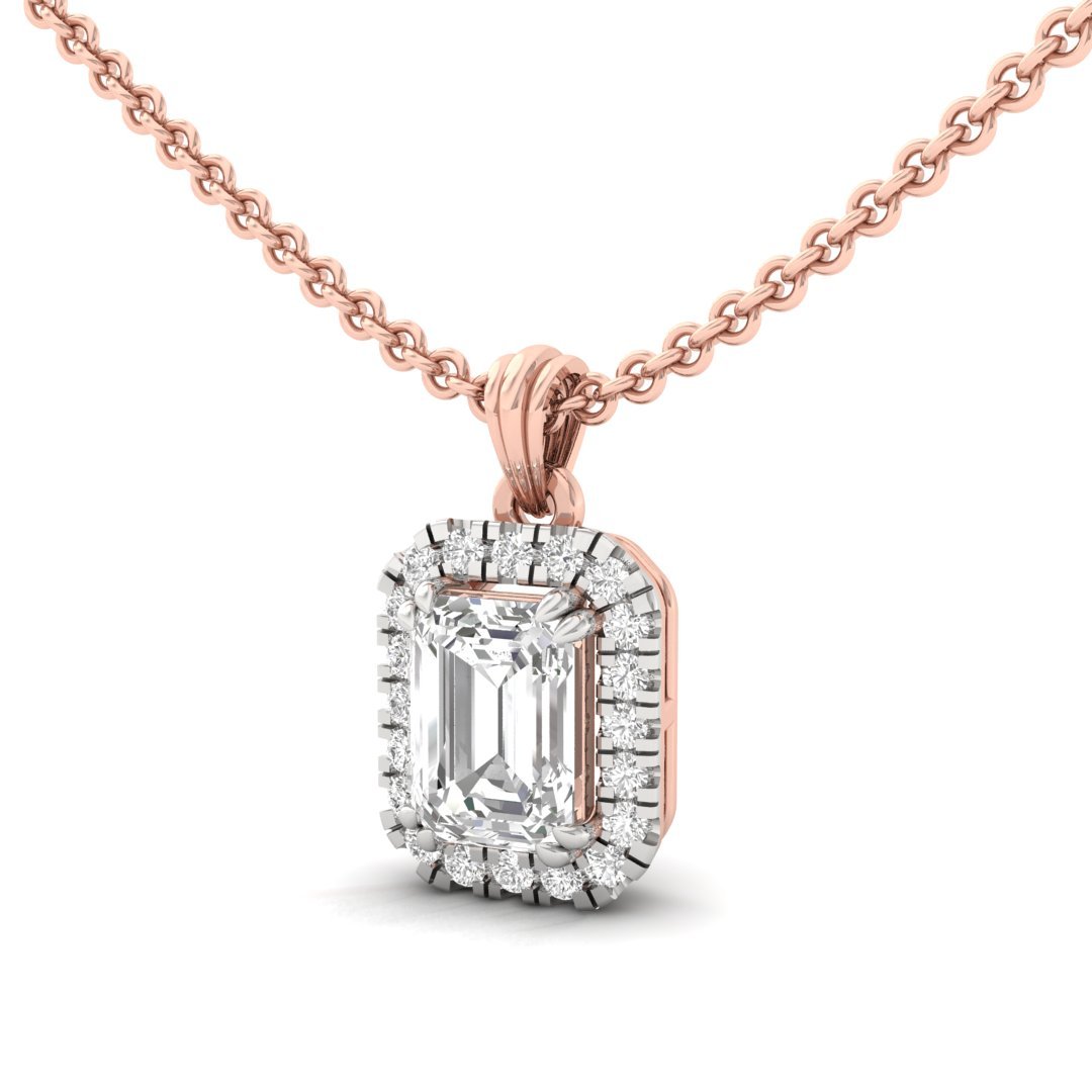 Emerald Cut Diamond Halo Pendant (Without Chain) | Lab Grown CVD Diamond Pendant with Round Accents | 925 Silver | 10K | 14K | 18K - View 2