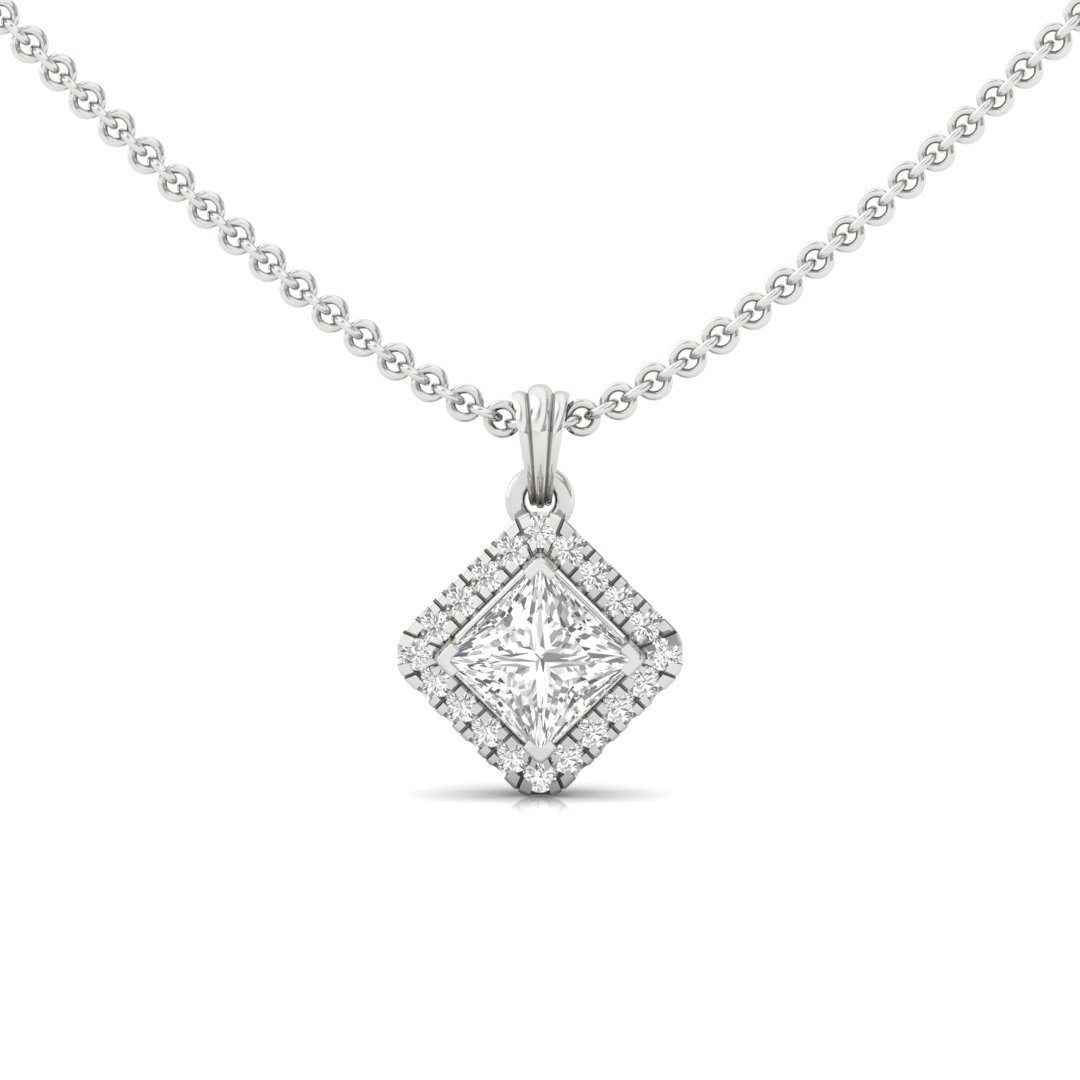 Princess Cut Diamond Halo Pendant (Without Chain) | Lab Grown CVD Diamond Pendant with Round Accents | 925 Silver | 10K | 14K | 18K - Main View