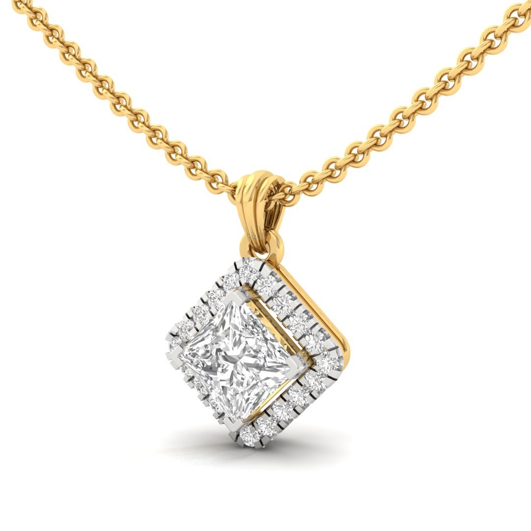 Princess Cut Diamond Halo Pendant (Without Chain) | Lab Grown CVD Diamond Pendant with Round Accents | 925 Silver | 10K | 14K | 18K - View 2