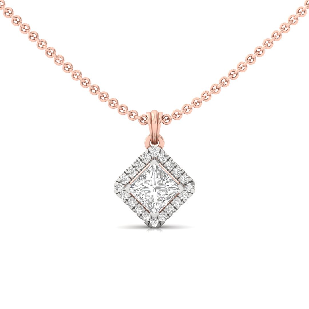 Princess Cut Diamond Halo Pendant (Without Chain) | Lab Grown CVD Diamond Pendant with Round Accents | 925 Silver | 10K | 14K | 18K - Rose Gold Main View