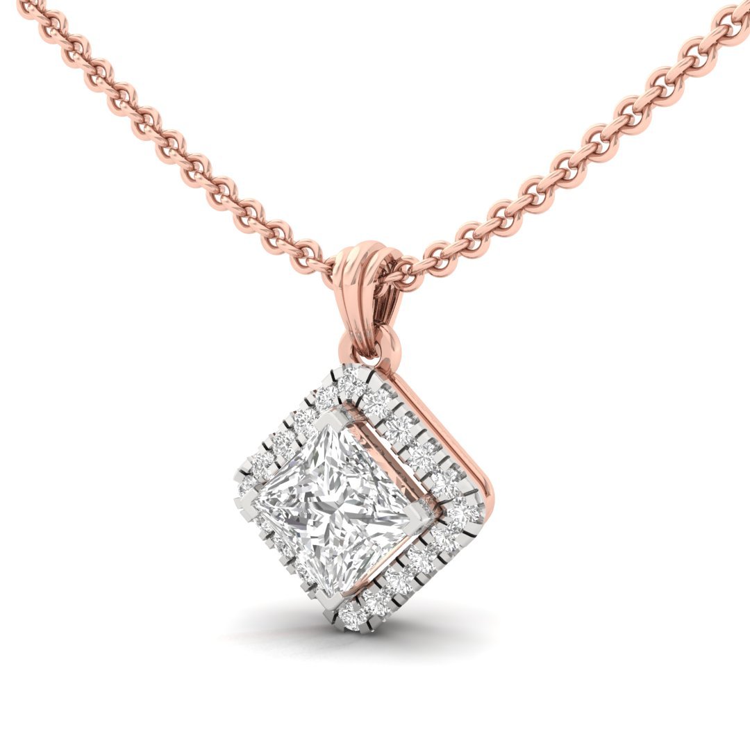 Princess Cut Diamond Halo Pendant (Without Chain) | Lab Grown CVD Diamond Pendant with Round Accents | 925 Silver | 10K | 14K | 18K - View 2