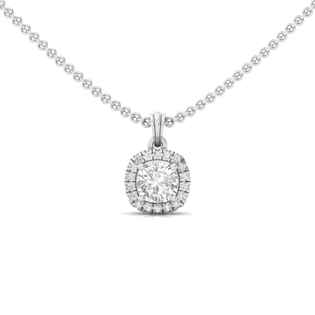Cushion Cut Diamond Halo Pendant (Without Chain) | Lab Grown CVD Diamond Cushion Solitaire Necklace with Round Accents | 925 Silver | 10K | 14K | 18K - Main View