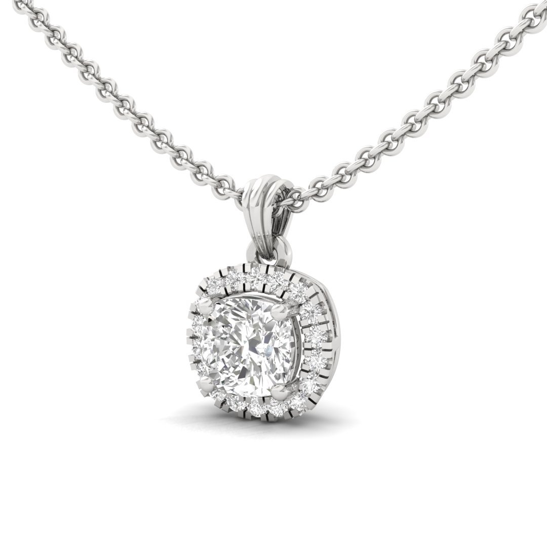 Cushion Cut Diamond Halo Pendant (Without Chain) | Lab Grown CVD Diamond Cushion Solitaire Necklace with Round Accents | 925 Silver | 10K | 14K | 18K - View 2