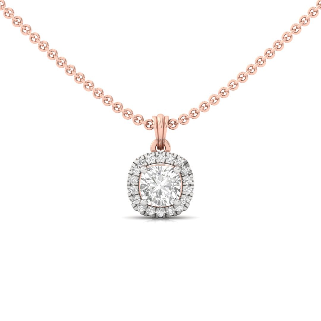 Cushion Cut Diamond Halo Pendant (Without Chain) | Lab Grown CVD Diamond Cushion Solitaire Necklace with Round Accents | 925 Silver | 10K | 14K | 18K - Rose Gold Main View