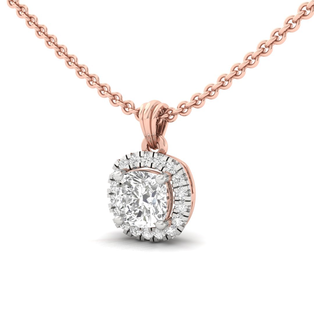 Cushion Cut Diamond Halo Pendant (Without Chain) | Lab Grown CVD Diamond Cushion Solitaire Necklace with Round Accents | 925 Silver | 10K | 14K | 18K - View 2