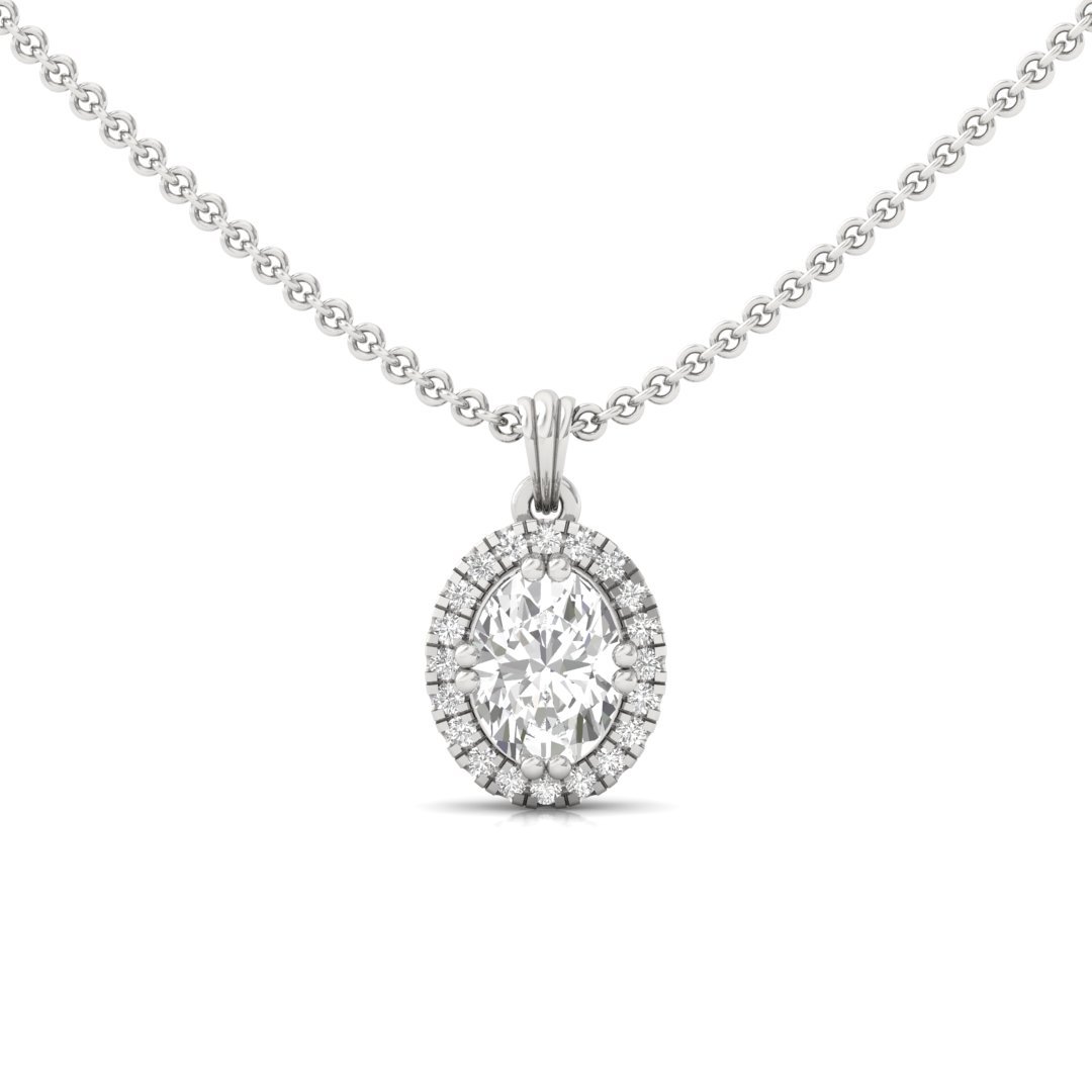 Oval Cut Diamond Halo Pendant (Without Chain) | Lab Grown CVD Diamond Oval Solitaire Necklace with Round Accents | 925 Silver | 10K | 14K | 18K - Main View