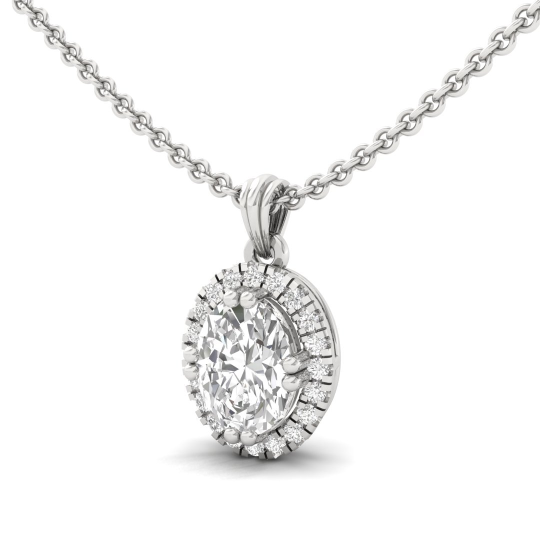 Oval Cut Diamond Halo Pendant (Without Chain) | Lab Grown CVD Diamond Oval Solitaire Necklace with Round Accents | 925 Silver | 10K | 14K | 18K - View 2