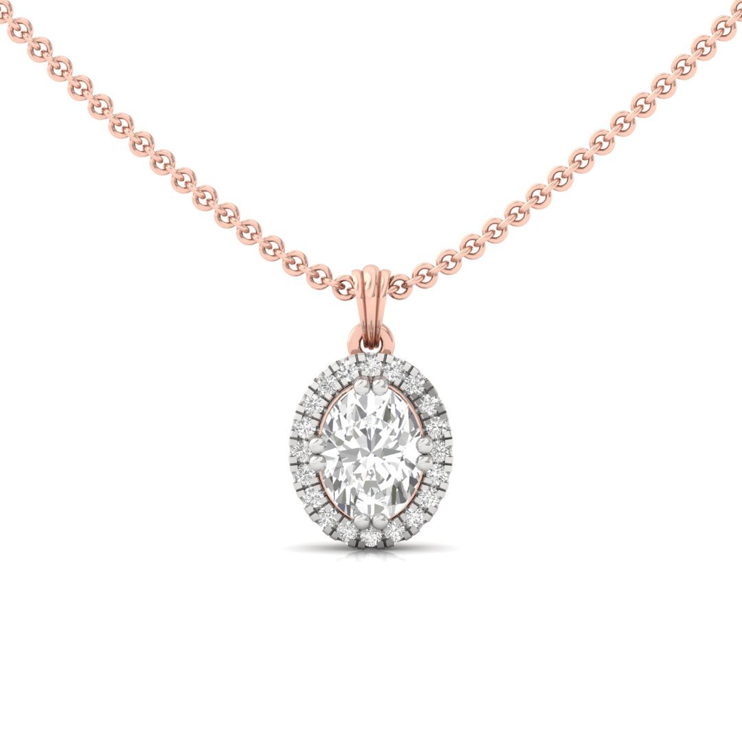 Oval Cut Diamond Halo Pendant (Without Chain) | Lab Grown CVD Diamond Oval Solitaire Necklace with Round Accents | 925 Silver | 10K | 14K | 18K - Rose Gold Main View